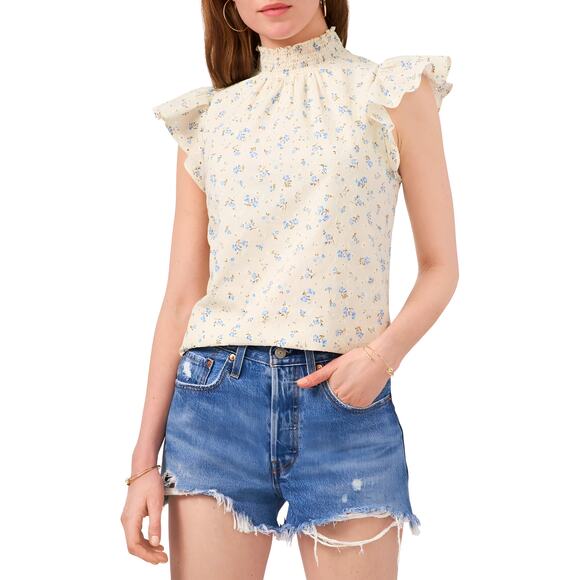 1.State Eyelet Ruffled Flutter Sleeveless Smocked Mock Neck Floral Blouse XS - Picture 1 of 6
